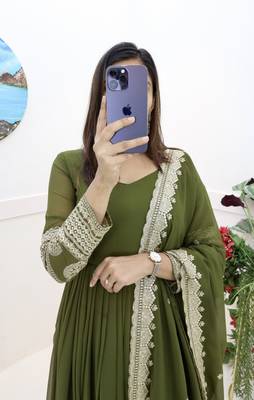 Mahendi Colour Designer Wedding Wear Georgette Fabric Gown With Dupatta 2
