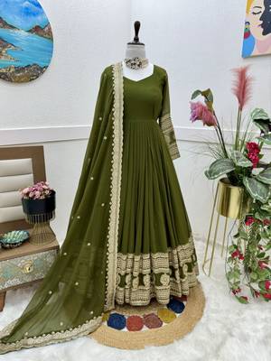 Mahendi Colour Designer Wedding Wear Georgette Fabric Gown With Dupatta 3