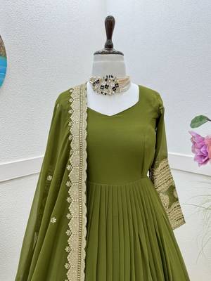 Mahendi Colour Designer Wedding Wear Georgette Fabric Gown With Dupatta 4