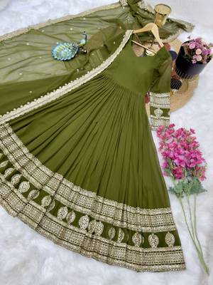 Mahendi Colour Designer Wedding Wear Georgette Fabric Gown With Dupatta 5