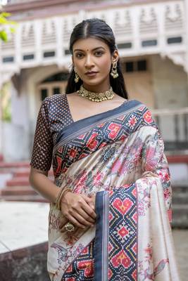 Black Soft Tussar Silk Saree Printed  With Printed Border And print Pallu With Blouse For Women 2