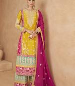 Yellow and pink designer embroidery palazzo suit