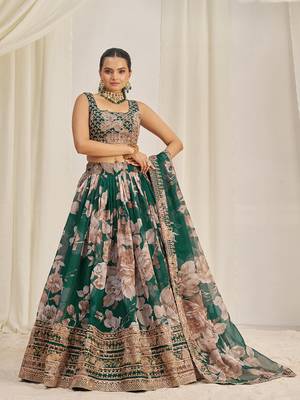 Dark Green Floral Embellished Lehenga Choli Set 1
