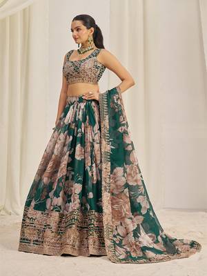 Dark Green Floral Embellished Lehenga Choli Set 2