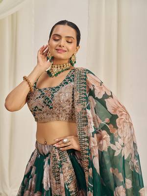 Dark Green Floral Embellished Lehenga Choli Set 4