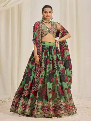 Parrot Green Floral Embellished Lehenga Choli Set 1