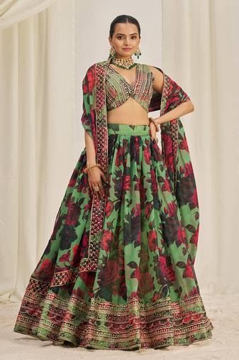 Parrot Green Floral Embellished Lehenga Choli Set