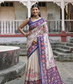 Blue Soft Tussar Silk Saree Printed  With Printed Border And print Pallu With Blouse For Women