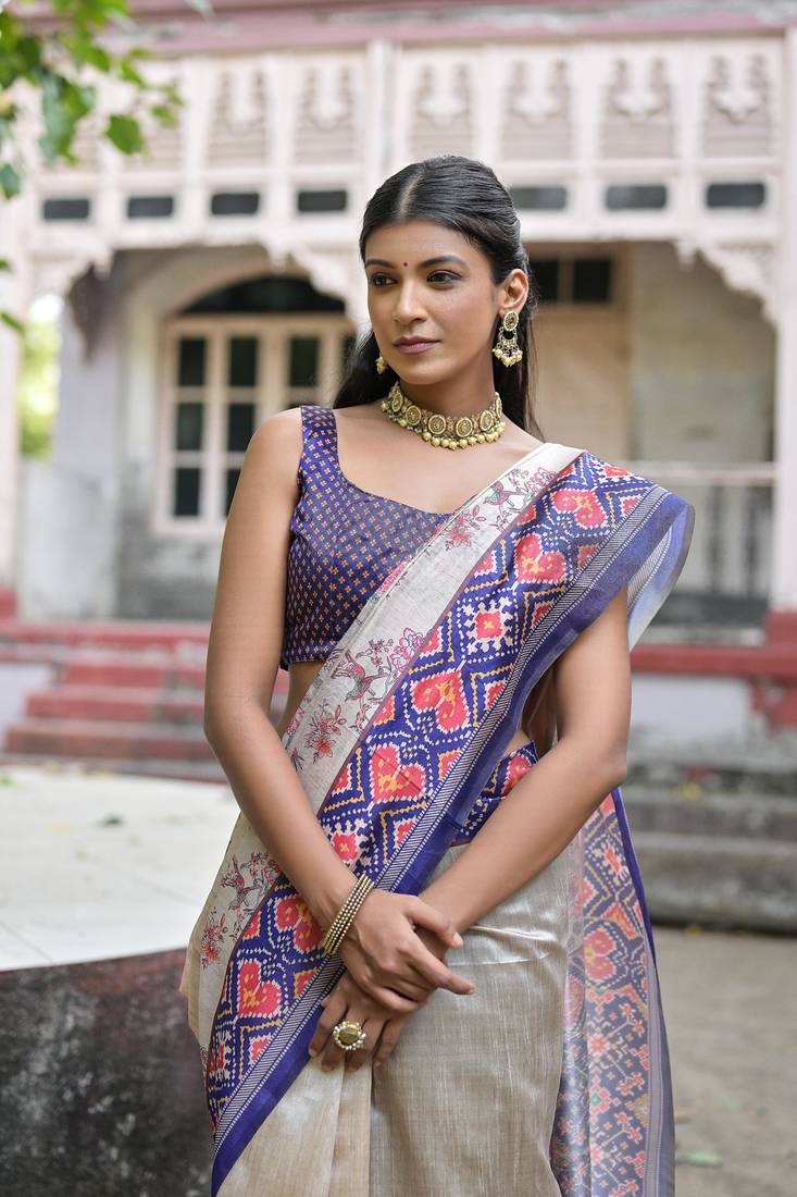 Blue Soft Tussar Silk Saree Printed  With Printed Border And print Pallu With Blouse For Women