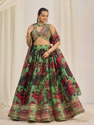 Parrot Green Floral Embellished Lehenga Choli Set 2