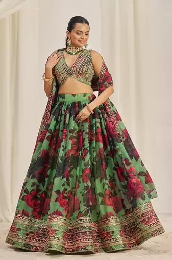 Parrot Green Floral Embellished Lehenga Choli Set