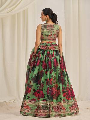 Parrot Green Floral Embellished Lehenga Choli Set 3