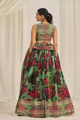 Parrot Green Floral Embellished Lehenga Choli Set