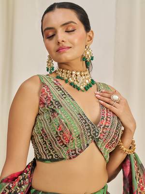 Parrot Green Floral Embellished Lehenga Choli Set 4