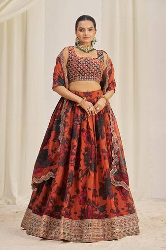 Orange Floral Embellished Lehenga Choli Set