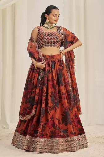 Orange Floral Embellished Lehenga Choli Set