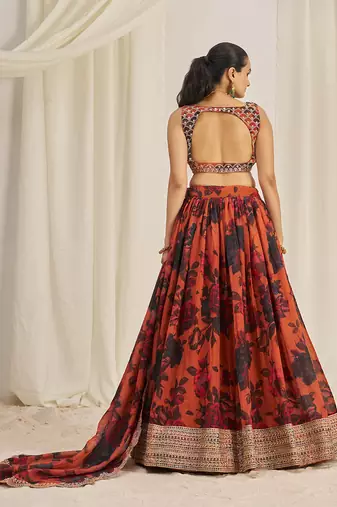 Orange Floral Embellished Lehenga Choli Set