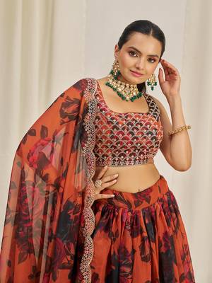 Orange Floral Embellished Lehenga Choli Set 4
