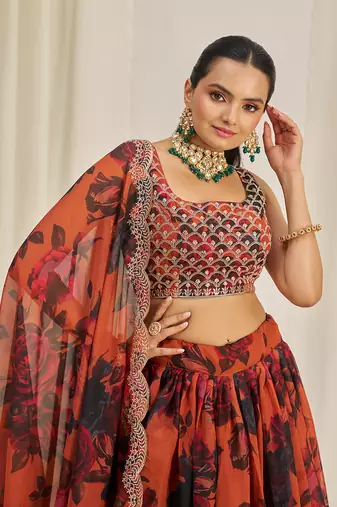 Orange Floral Embellished Lehenga Choli Set
