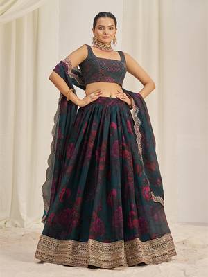Teal and Wine Floral Embellished Lehenga Choli Set 1