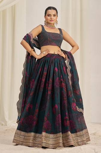 Teal and Wine Floral Embellished Lehenga Choli Set
