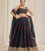 Teal and Wine Floral Embellished Lehenga Choli Set