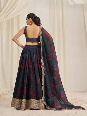 Teal and Wine Floral Embellished Lehenga Choli Set 3