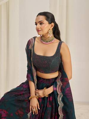 Teal and Wine Floral Embellished Lehenga Choli Set 4