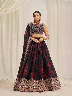 Red Floral Printed and Embroidered Black Organza Lehenga Choli 1