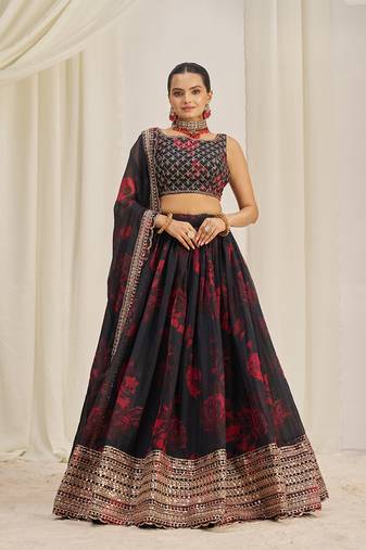 Red Floral Printed and Embroidered Black Organza Lehenga Choli