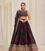Red Floral Printed and Embroidered Black Organza Lehenga Choli