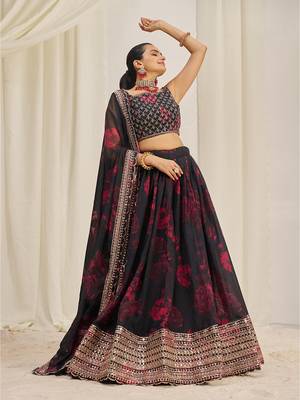 Red Floral Printed and Embroidered Black Organza Lehenga Choli 2