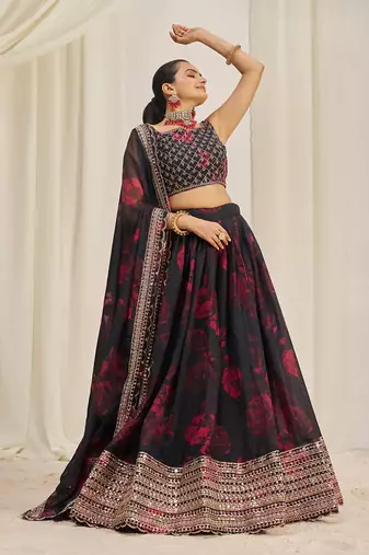 Red Floral Printed and Embroidered Black Organza Lehenga Choli
