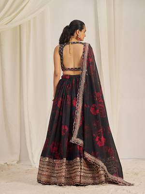 Red Floral Printed and Embroidered Black Organza Lehenga Choli 3