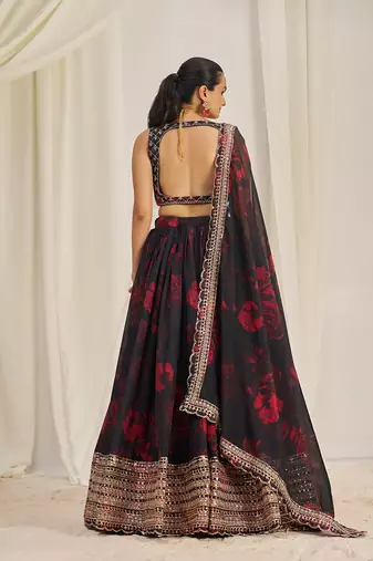 Red Floral Printed and Embroidered Black Organza Lehenga Choli
