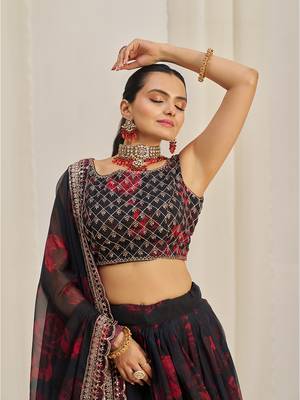Red Floral Printed and Embroidered Black Organza Lehenga Choli 4