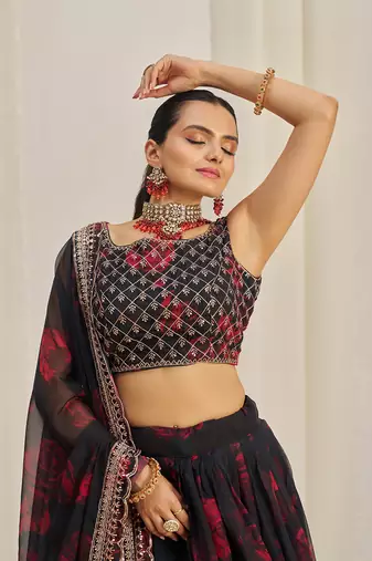 Red Floral Printed and Embroidered Black Organza Lehenga Choli