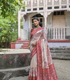 Coffee Soft Tussar Silk Saree Printed  With Printed Border And print Pallu With Blouse For Women