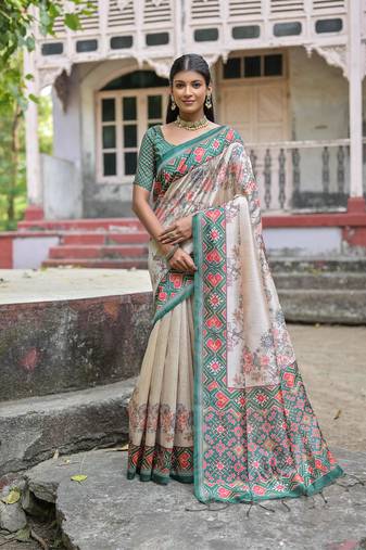 Green Soft Tussar Silk Saree Printed  With Printed Border And print Pallu With Blouse For Women