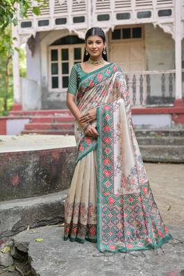 Green Soft Tussar Silk Saree Printed  With Printed Border And print Pallu With Blouse For Women 1