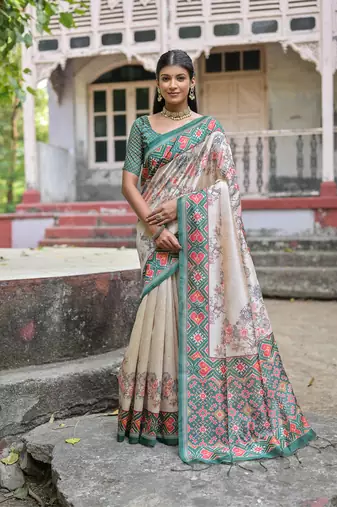 Green Soft Tussar Silk Saree Printed  With Printed Border And print Pallu With Blouse For Women