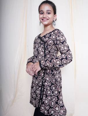Black bagru handblock printed full sleeves angrakha kurta embellished with crochet lace , paired with black sharara 4