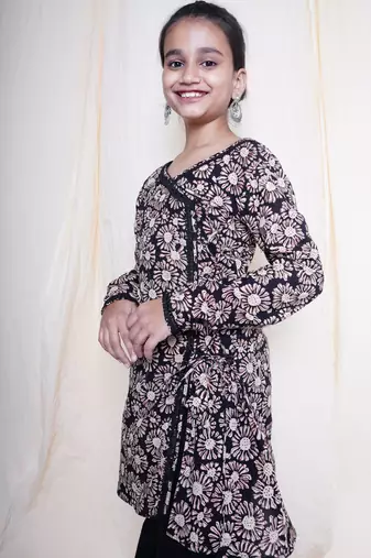 Black bagru handblock printed full sleeves angrakha kurta embellished with crochet lace , paired with black sharara