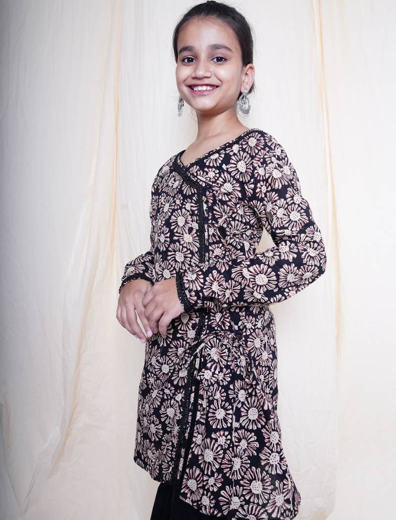 Black bagru handblock printed full sleeves angrakha kurta embellished with crochet lace , paired with black sharara