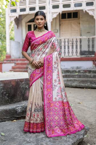 Rani Pink Soft Tussar Silk Saree Printed  With Printed Border And print Pallu With Blouse For Women