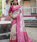 Rani Pink Soft Tussar Silk Saree Printed  With Printed Border And print Pallu With Blouse For Women