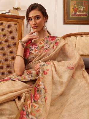 Beige Floral Digital Print Silk Cotton Saree 1