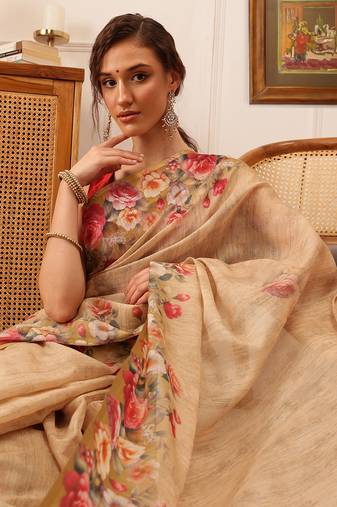 Beige Floral Digital Print Silk Cotton Saree
