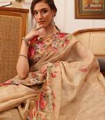 Beige Floral Digital Print Silk Cotton Saree