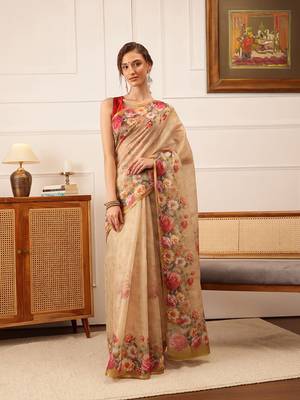 Beige Floral Digital Print Silk Cotton Saree 2